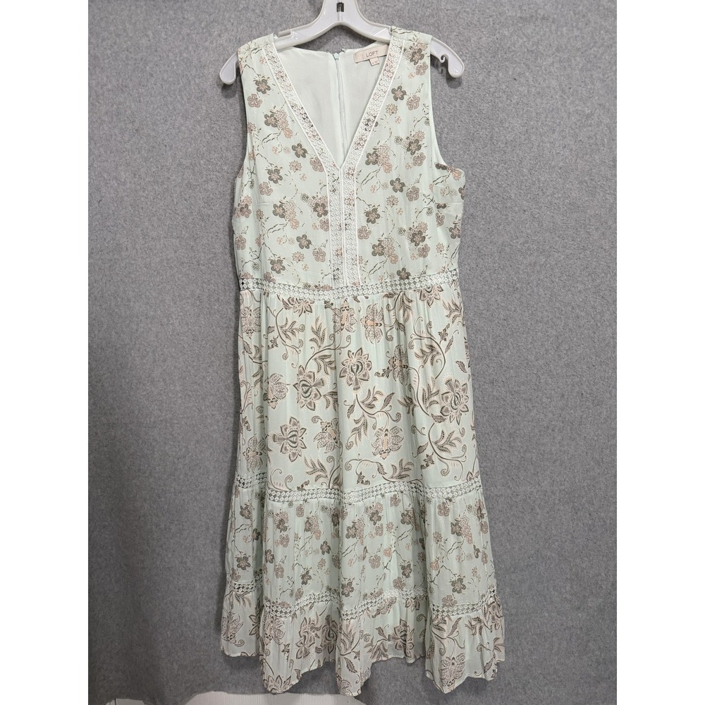 LOFT Dress Womens 12 Green Floral V Neck Sleeveless Tiered Maxi Sundress Crochet